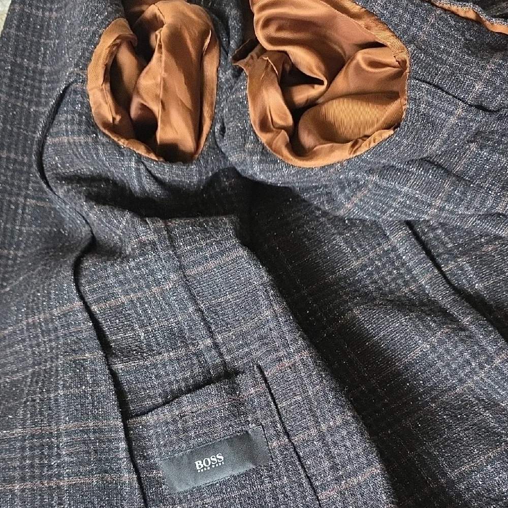 Boss Black & Brown Textured Plaid Blazer -Two-Button Coat Unisex 40S